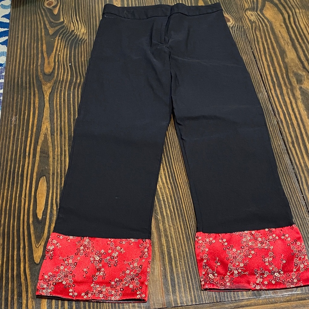 Necessary Objects Black Ankle Pants Red Satin Floral Cuff - 90’s Vintage - Small